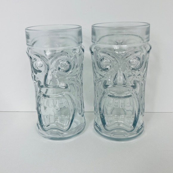 Anchor Hocking Other - Anchor Hocking Tiki Mug Set of 2 Clear Glass Molded Face 16oz Tropical Excellent